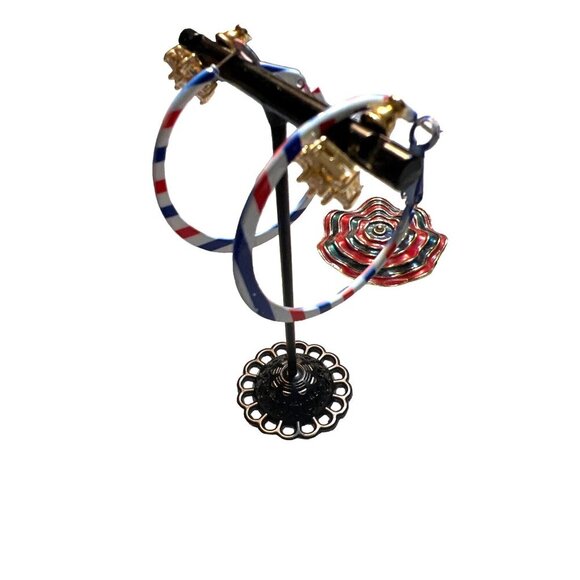 Vintage Hoop Pierced Earrings Patriotic Holiday Jewelry 1.5" Red White Blue - Picture 13 of 13